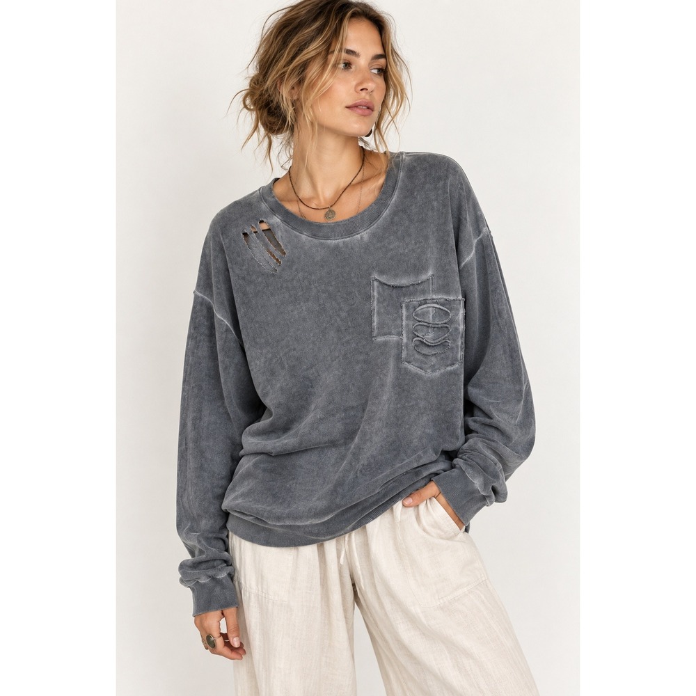 POL Sweatshirt Womens M Blue Gray Acid Wash Distressed Ripped Pocket Boho Chic